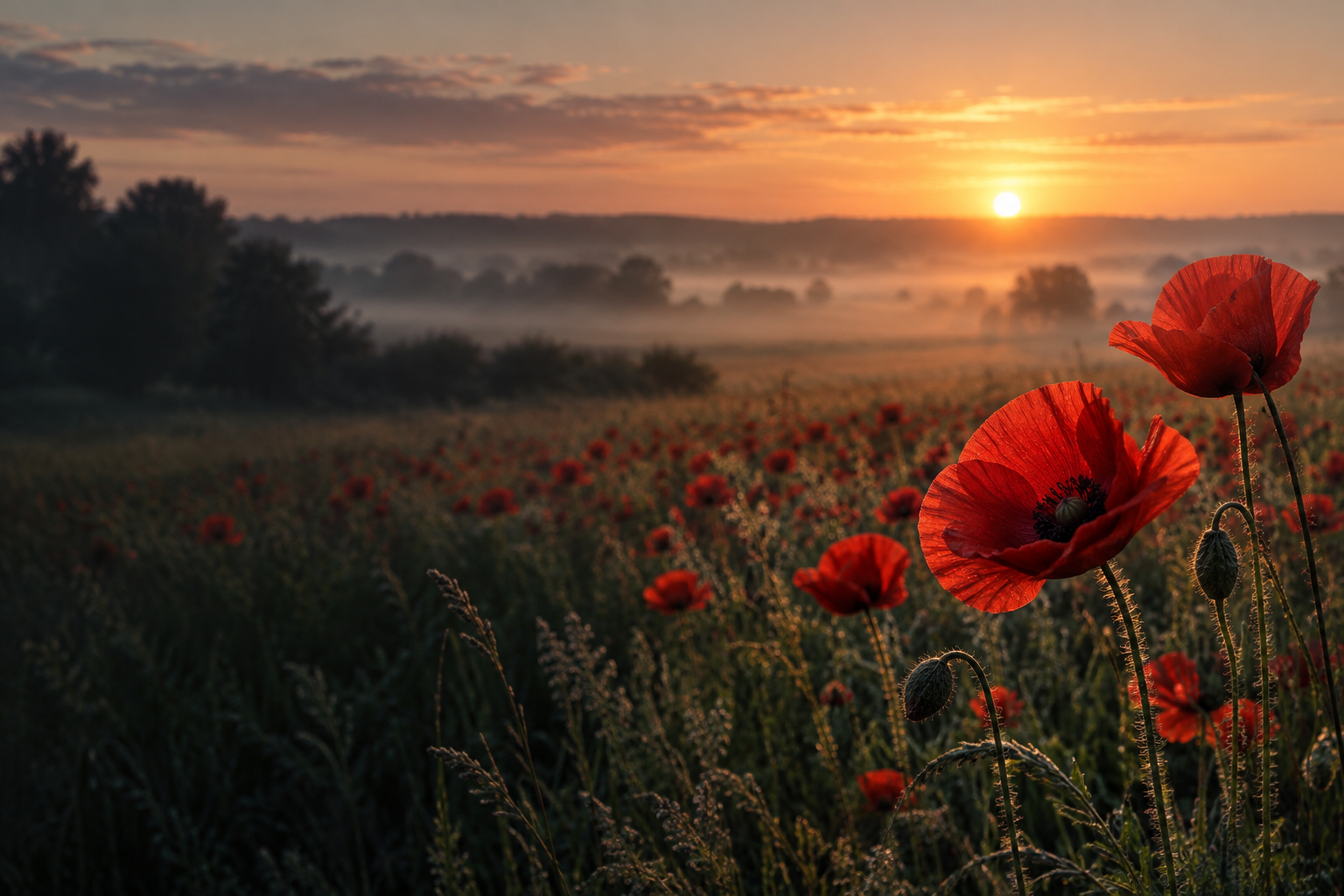 Red poppies in a quiet field at dawn